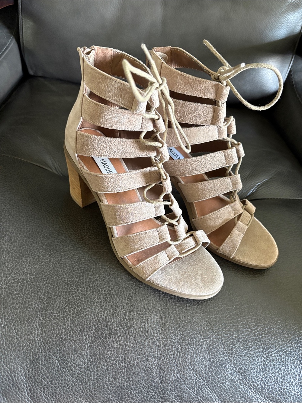 Steve Madden Beige Suede Lace-Up Strappy Block Heel Sandals